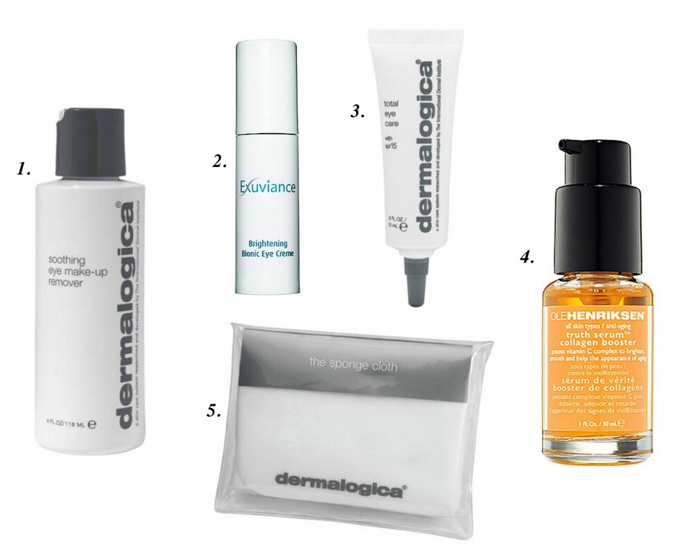 ØYEKREM MOT POSER UNDER ØYNENE: 1. Dermalogica Soothing Eye Make-up Remover. 2. Exuviance Brightening Bionic Eye Creme. 3. Dermalogica Total Eye Care SPF15. 4. Ole Henriksen Truth Serum Collagen Booster. 5. Dermalogica Sponge Cloth.