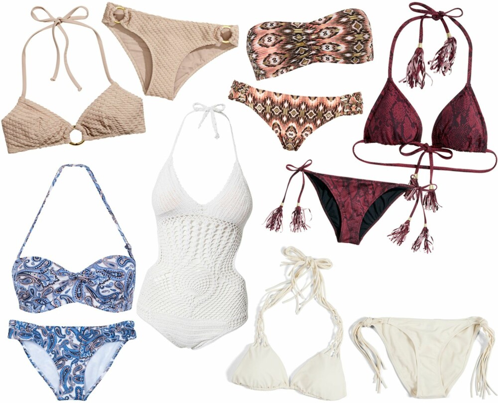 70-TALLS BADETØY (f.v.): Beige bikini med ringer fra H&M, kr 149 for overdel og kr 99 for underdel. Hvit og blå bikini med paisleymønster fra Cubus, kr 179 for overdel og kr 99 for underdel. Hvit, heklet badedrakt fra Anatomy/Nelly.com, kr 549. Mønstret bikini fra Gina Tricot, kr 99 for underdel og kr 129 for overdel. Burgunderrød bikini med slangemønster og dusker fra H&M, kr 99 for overdel og kr 149 for overdel. Hvit bikini med frynser fra Bik Bok, kr 249 for overdel og kr 99 for underdel.