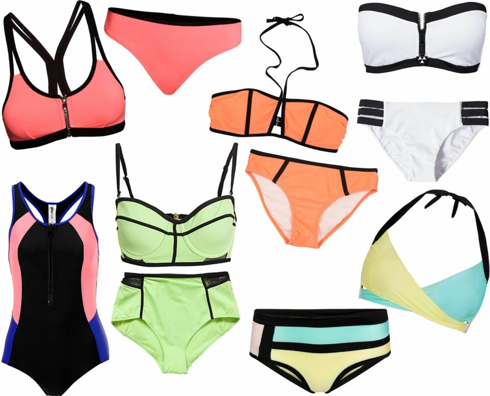 SPORTY BADETØY (f.v.): Rosa bikini med svarte detaljer og glidelås fra H&M, kr 149 for overdel og kr 99 for underdel. Svart badedrakt med rosa og lilla felter fra Gina Tricot, kr 249. Lysegrønn bikini med svarte detaljer og netting fra River Island/Nelly.com, kr 498. Oransje bikini med svarte detaljer fra Bik Bok, kr 249 for overdel og kr 99 for underdel. Turkis og gul bikini med svarte detaljer fra KappAhl, kr 149 for overdel og kr 149 for underdel. Hvit bikini med svarte detaljer og glidelås fra Seafolly/Nelly.com, kr 1178.