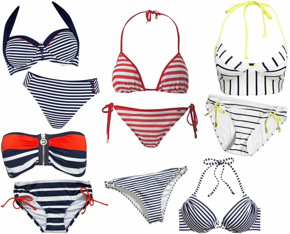 MARITIME BIKINIER (f.v.): Blå og hvitstripet bikini med røde detaljer og knapper fra Triumph, kr 449 for overdel og 249 for underdel. Blå og hvitstripet bikini med røde detaljer og glidelås fra Michael Michael Kors, kr 1398. Rød og hvitstripet bikini fra Lexington, kr 995. Blå og hvitstripet bikini fra H&M, kr 149 for overdel og kr 99 for underdel. Hvit bikini med blå striper og lysegule detaljer fra Lindex, kr 199 for overdel og kr 129 for underdel.