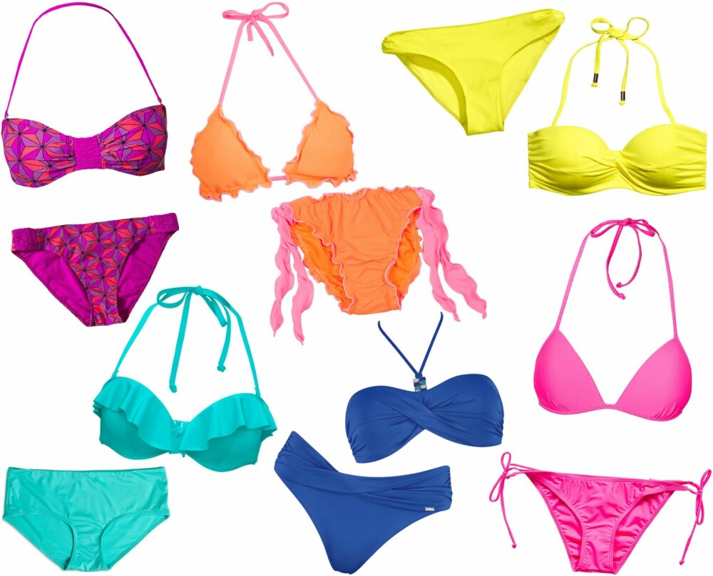 FARGERIKE BIKINIER: Rosa bikini med mønster fra Calvin Klein/Nelly.com, kr 399. Turkis bikini med volanger fra Lindex, kr 129 for underdel og kr 149 for overdel. Oransje bikini med rosa detaljer fra Cubus, kr 129 for overdel og kr 79 for underdel. Knallblå bikini fra Triumph, kr 549. Knallgul bikini fra H&M, kr 99 for underdel og kr 149 for overdel. Knallrosa bikini fra Pieces, kr 228.