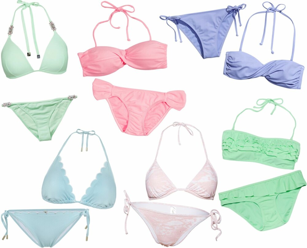 BIKINIER I DUSE PASTELLER (f.v.): Turkis bikini fra River Island/Nelly.com, kr 498. Lyseblå bikini fra KappAhl, kr 149 for overdel og kr 149 for underdel. Lyserosa bikini fra Bik Bok, kr 199 for overdel og kr 99 for underdel. Hvit og lyserosa bikini fra Line of Oslo, kr 699. Lyselilla bikini fra H&M, kr 79,50 for underdel og kr 149 for overdel. Turkis bikini med volanger fra Bikbok, kr 199 for overdel og kr 99 for underdel.