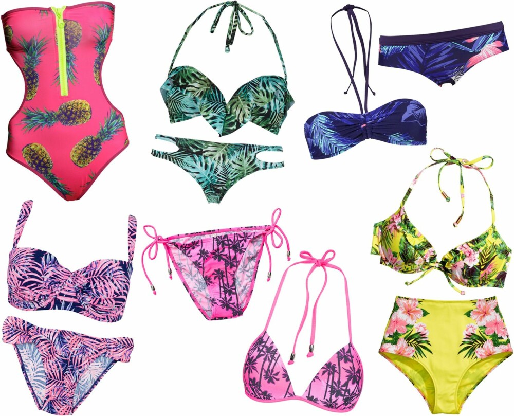 TROPISK BADETØY (f.v.): Rosa badedrakt med ananas og gul glidelås fra H&M, kr 299. Rosa og blå bikini med palmemønster fra Cubus, kr 179 for overdel og kr 99 for underdel. Svart og grønn bikini med palmemønster fra Gina Tricot, kr 149 for overdel og kr 99 for underdel. Rosa bikini med svarte falmer fra Pieces, kr 248. Lilla bikini med palmeblader og rosa blomster fra Roxy, kr 799. Gul bikini med palmeblader og rosa blomster fra H&M, kr 149 for overdel og kr 129 for underdel. TROPISK BADETØY (f.v.): Rosa badedrakt med ananas og gul glidelås fra H&M, kr 299. Rosa og blå bikini med palmemønster fra Cubus, kr 179 for overdel og kr 99 for underdel. Svart og grønn bikini med palmemønster fra Gina Tricot, kr 149 for overdel og kr 99 for underdel. Rosa bikini med svarte falmer fra Pieces, kr 248. Lilla bikini med palmeblader og rosa blomster fra Roxy, kr 799. Gul bikini med palmeblader og rosa blomster fra H&M, kr 149 for overdel og kr 129 for underdel.
