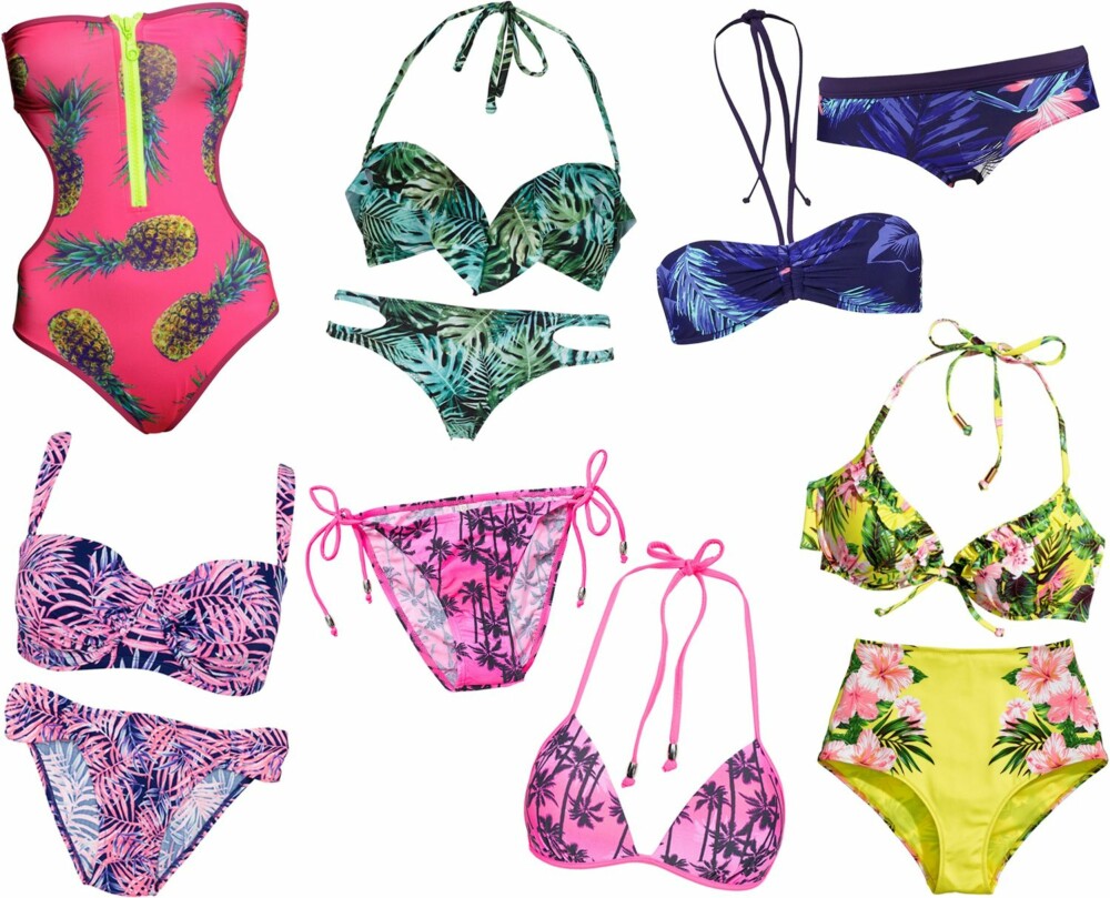 TROPISK BADETØY (f.v.): Rosa badedrakt med ananas og gul glidelås fra H&M, kr 299. Rosa og blå bikini med palmemønster fra Cubus, kr 179 for overdel og kr 99 for underdel. Svart og grønn bikini med palmemønster fra Gina Tricot, kr 149 for overdel og kr 99 for underdel. Rosa bikini med svarte falmer fra Pieces, kr 248. Lilla bikini med palmeblader og rosa blomster fra Roxy, kr 799. Gul bikini med palmeblader og rosa blomster fra H&M, kr 149 for overdel og kr 129 for underdel.