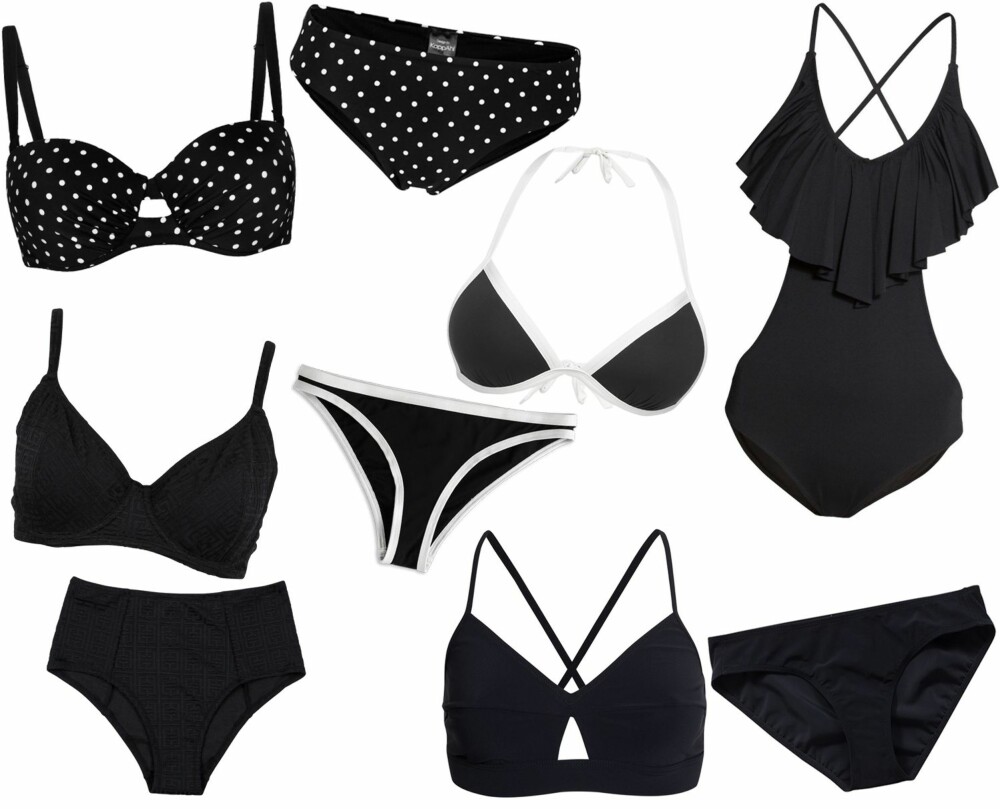 SVART/HVITT BADETØY (f.v.): Prikkete bikini fra KappAhl, kr 199 for overdel og kr 129 for underdel. Svart bikini fra Cubus, kr 179 for overdel og kr 129 for underdel. Svart og hvit bikini fra Lindex, kr 129 for underdel og kr 149 for overdel. Svart bikini fra Filippa K, kr 898. Svart badedrakt med cut-outs og volanger fra H&M, kr 249.