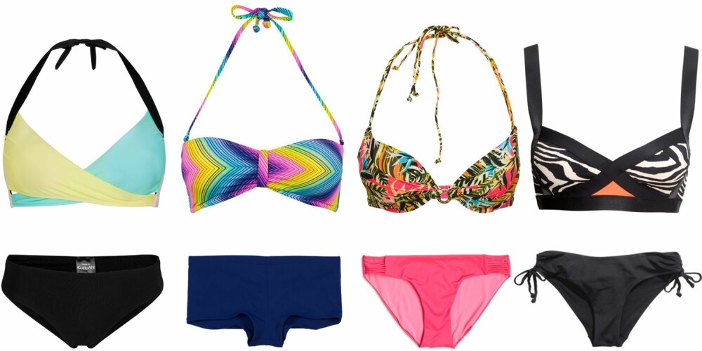 STOR RUMPE: Bikini fra KappAhl, kr 149 for overdel og kr 129 for underdel. Bikini fra Cubus, kr 129 for overdel og kr 129 for underdel. Bikini fra Lindex, kr 179 for overdel og kr 129 for underdel. Bikini fra H&M, kr 149 for overdel og kr 79,50 for underdel.