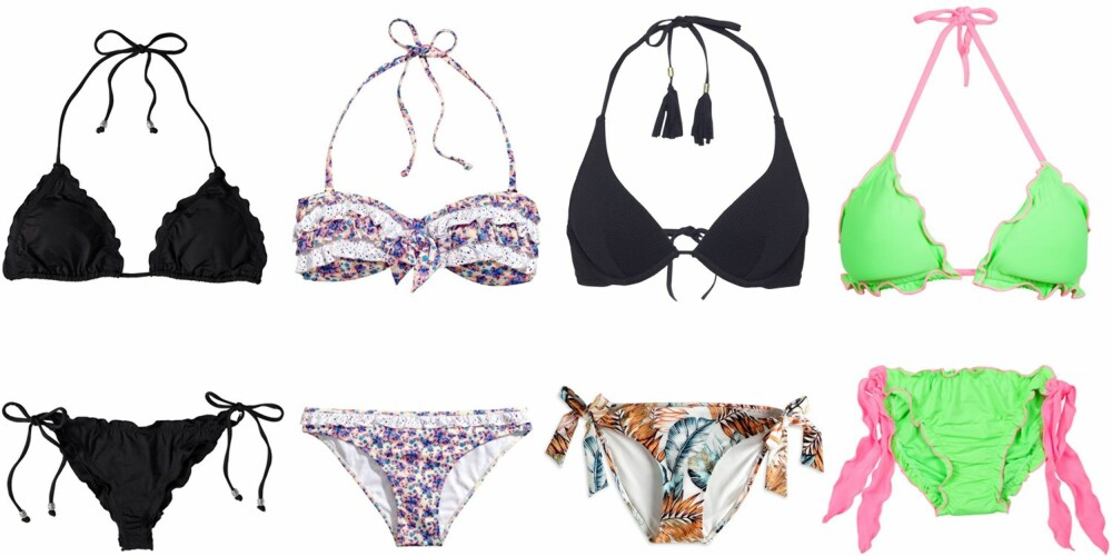 LITEN RUMPE (f.v.): Bikini med rysjer fra Nelly, kr 198. Bikini med volanger (også bakpå rumpa) fra H&M, kr 179 for overdel og kr 99 for underdel. Bikini med stor mønster på underdelen og nøytral overdel fra Lindex, kr 149 for overdel og kr 129 for underdel. Bikini med rysjer og rynket søm bakpå underdelen, kr 129 for overdel og kr 79 for underdel.