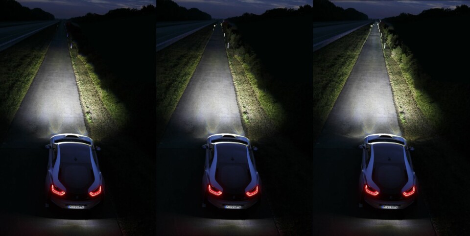 LASER: Fra venstre: LED nærlys, LED fjernlys og laser helt til høyre. ILLUSTRASJON: BMW