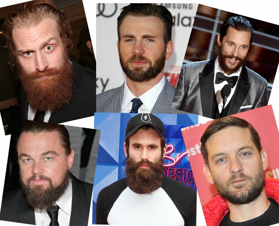 PÅ DE FLESTE HERREFJES: Ansiktshår, både i form av skjegg og bart, er populært om dagen - både på mannen i gata så vel som blant kjendisgutta. Øverst fra venstre: Kristoffer Hivju med sitt ikoniske fullskjegg. Chris Evans med en litt kortere variant. Matthew McConaughey under årets Oscar-galla. Leonardo DiCaprio, Ricki Hall og Tobey Maguire.