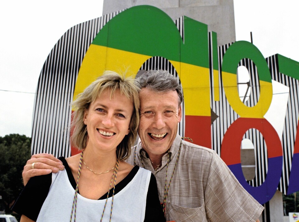 TAKK, KNUT: Karen-Marie kommenterte VM i friidrett sammen med Knut Bjørnsen i Roma i 1987.