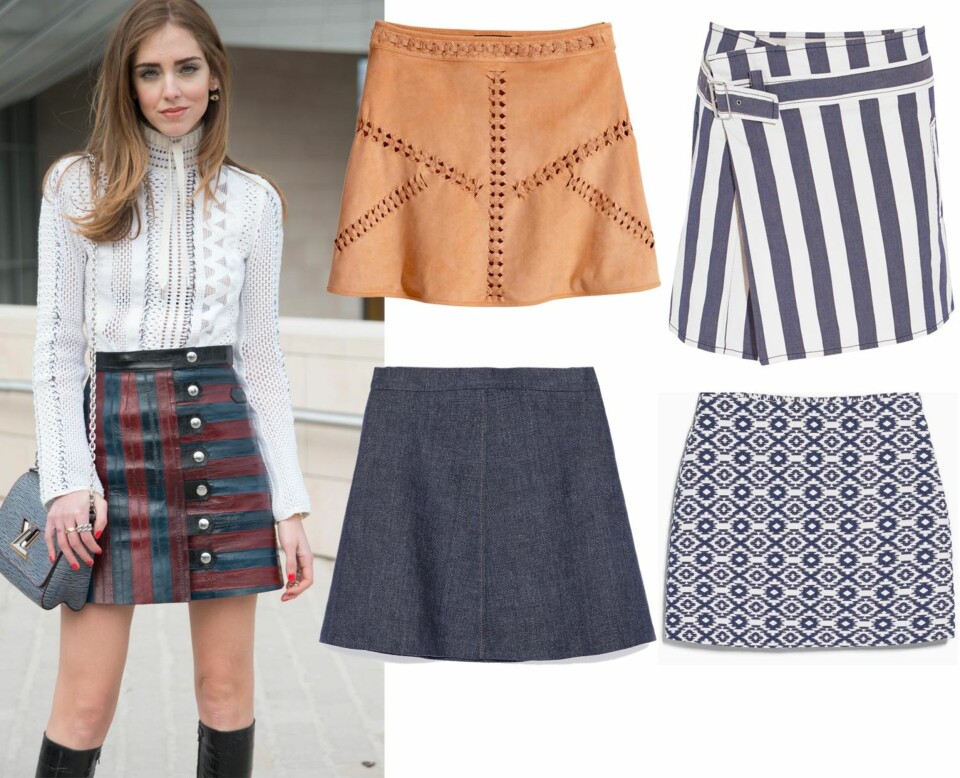 A-SKJØRTET (f.v.): Skjørt i semsket skinnimitasjon fra H&M, kr 499. Stripete skjørt i blått og hvitt fra See by Chloé, kr 2131. Denimskjørt fra Zara, kr 399. Skjørt med print fra Mango, kr 349.