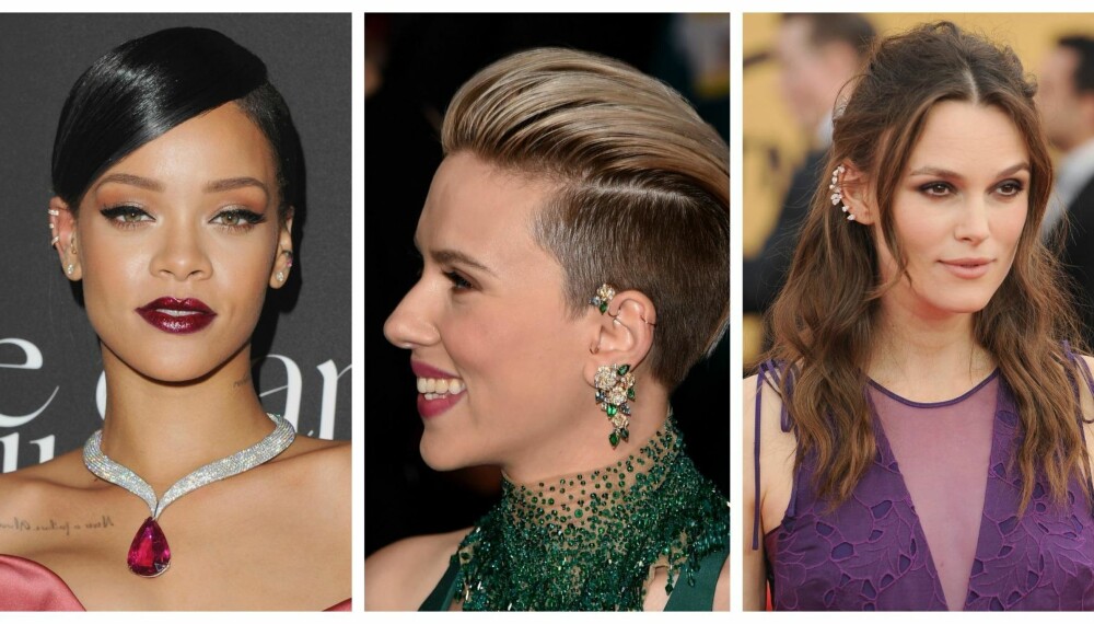 ØREPIERCING: Rihanna, Scarlet Johansson og Keira Knightley har kastet seg på trenden med piercing høyt oppe i ørekanten.