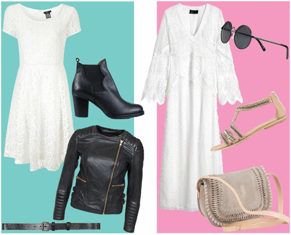 STYLINGTIPS (f.v.): Hvit blondekjole fra Ellos, kr 399. Belte fra BeckSöndergaard, kr 449. Skinnjakke fra Primeboots/Nelly.com, kr 3595. Ankelstøvletter fra Sixtyseven, kr 1069. Hvit blondekjole fra H&M, kr 1299. Veske fra Pieces, kr 499. Lave sandaler fra River Island, kr 649. Runde solbriller fra Le Specs/Nelly.com, kr 599. STYLINGTIPS (f.v.): Hvit blondekjole fra Ellos, kr 399. Belte fra BeckSöndergaard, kr 449. Skinnjakke fra Primeboots/Nelly.com, kr 3595. Ankelstøvletter fra Sixtyseven, kr 1069. Hvit blondekjole fra H&M, kr 1299. Veske fra Pieces, kr 499. Lave sandaler fra River Island, kr 649. Runde solbriller fra Le Specs/Nelly.com, kr 599.