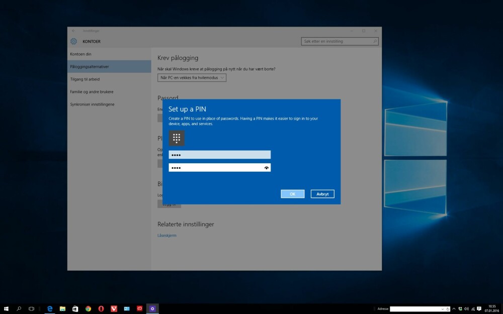 ENKEL PÅLOGGING: Du kan logge på Windows 10 ved hjelp av en PIN-kode. 