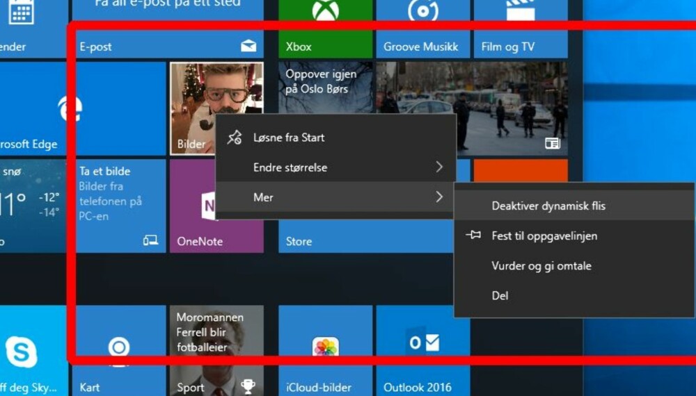 SLITSOMME FLISER: Synes du det er slitsomt at utseende på Flisene i Windows 10 til stadighet endrer utseende? Da kan du deaktivere de dynamiske flisene på denne måten.