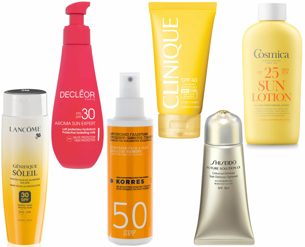 SOLKREM TIL KROPP (f.v.): Lancôme Génifique Sun Body SPF 30, kr 410. Decléor Sun Care Protection Hydrating Milk SPF 30, kr 395. Korres Suncare Spray Yoghurt SPF 50, kr 235. Clinique SPF 40 Body Cream/Douglas.no, kr 236. Shiseideo Future Solution LX Universal Defence, kr 790. Cosmica Moisturising Sun Lotion SPF 25, kr 209.