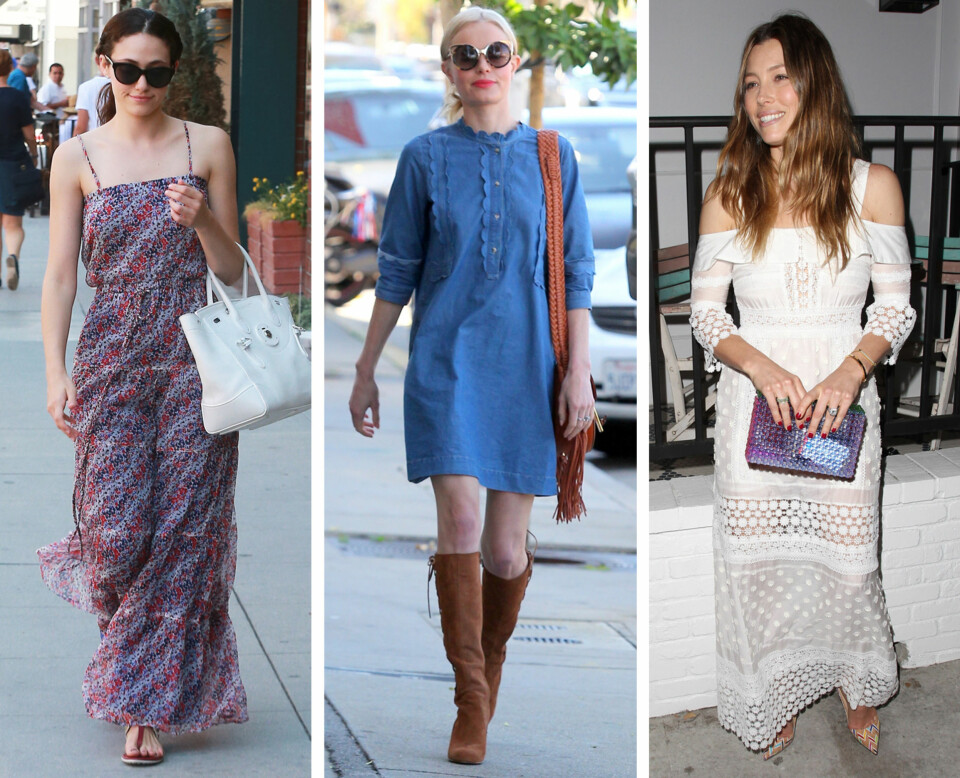 SOMMERKJOLER: Blomster, denim og bare skuldre er noen av årets sommerkjoletrender. Her sett på Emmy Rossum, Kate Bosworth og Jessica Biel.