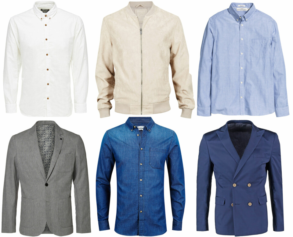 SKJORTE OG JAKKER (f.v.): ONLY & Sons Klassisk Langermet Skjorte, kr 279,95. Cubus semsket bomberjakke, kr 599. H&M Bomullsskjorte, kr 199. Selected Slim Fit - Blazer, kr 1195. Cubus denimskjorte, kr 349. Esprit Collection Dressjakke - blue, kr 1295.