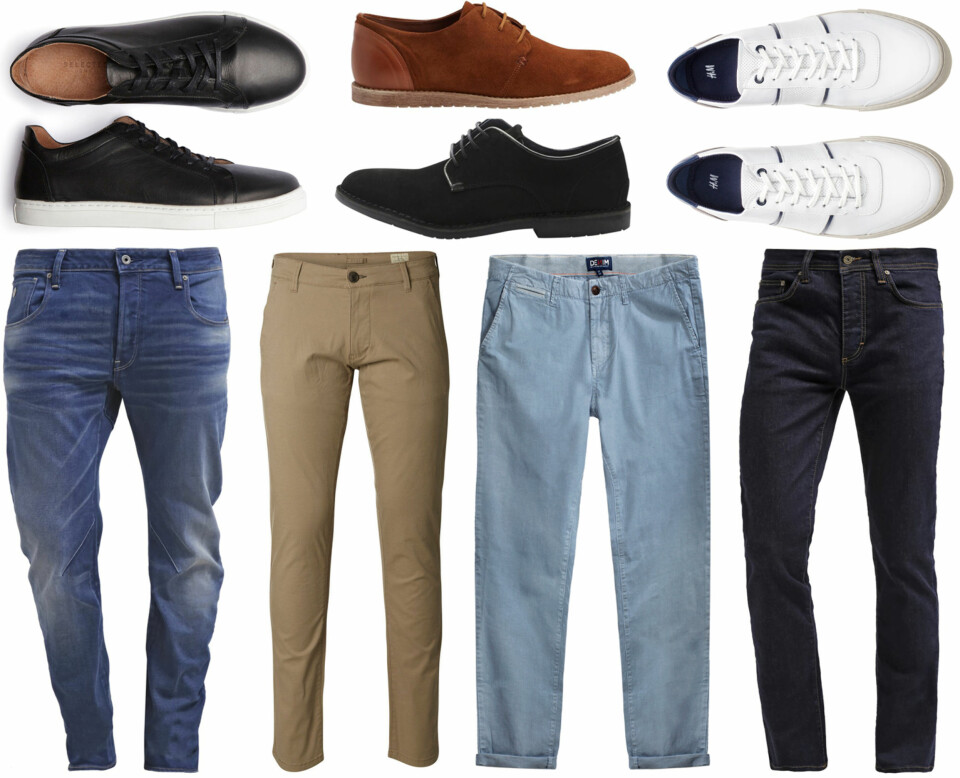 SKO OG BUKSER (f.v.): Selected Leather - Sneakers, kr 799,95. Bianco Suede Laced Up JJA16, kr 999. Bianco Stiched Down Suede Shoe MAM16, kr 899. H&M Sneakers i skinn, kr 499. G-star ARC 3D SLIM - Slim fit jeans - firro denim/Zalando, kr 949. Selected Regular Fit - Chinos, kr 499,95. Kappahl Denim by Hampton Republic 27 Chinos, kr 399. Pier One Straight leg jeans - rinse/Zalando, kr 349.
