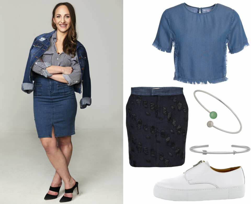 DENIM-DILLA: Ann Charlotte er kledd i: Øredobber fra Weekday, kr 60. Kjede fra Weekday, kr 100. Skjorte fra Ricco Vero, kr 1300. Skjørt fra Vero Moda, kr 500. Sko fra Mango, kr 400. Til høyre: Topp fra Nly trend, kr 279. Skjørt fra Custommade, kr 1399. Armbånd fra Pilgrim,
kr 299. Armbånd fra Julie Sandlau for Pieces, kr 450. Platåsko fra Sapatos, kr 1595.