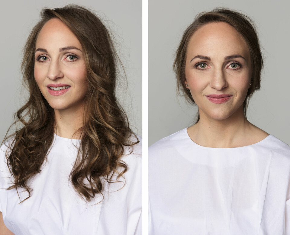 HÅR OG SMINKE: Frisør og makeupstylist Christine Mellem krøllet håret til Ann Charlotte i lengdene og la en naturlig sminke med lett smokey eyes og leppestift i en lys korallfarge.