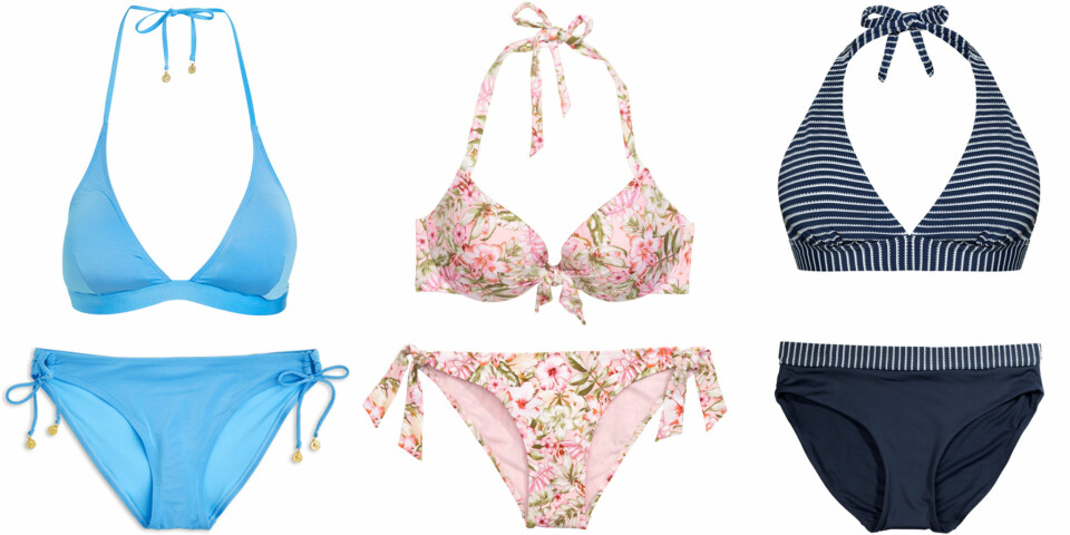 TIMEGLASS (f.v): Lindex Bikini-BH triangel, kr 149. Lindex Bikinitruse mini, kr 129. H&M Bikini vattert spile-bh, kr 149. H&M Bikinitanga, kr 99. Kappahl Hampton Republic 27 bikini-bh, kr 199. Kappahl Hampton Republic 27 bikinitruse, kr 149.