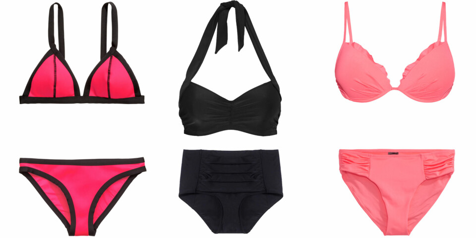 EPLEFASONG (f.v.): H&M Bikini trekant-bh, kr 149. H&M Bikinitruse, kr 99. Ellos Bikini-bh med stødig vattering, kr 299. Ellos Bikinibukse med høy midje, kr 199. Kappahl Bikini-bh, kr 199. Kappahl bikinitruse, kr 129.