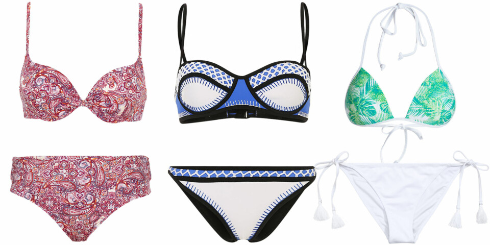 PÆREFASONG (f.v.): Ellos Bikini-bh i push-up modell, kr 199. Ellos Bikinibukse, kr 149. Bondi Born Jennifer Bikini - marina/Zalando, kr 1495. Pieces Printet Bikinitopp, kr 179,95. H&M Bikinitanga, kr 99.