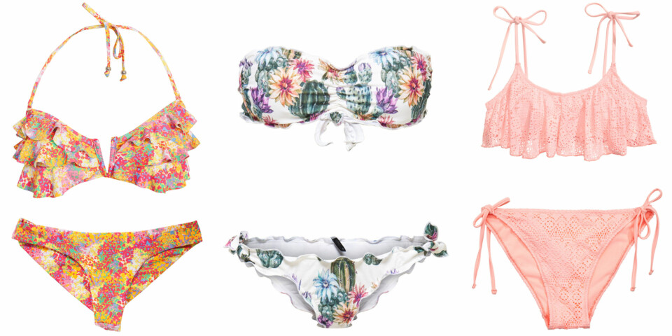 SØYLE (f.v.): NLY Beach Frill Bikini Set, kr 129 truse, kr 149 topp. Only Bandeau Bikinitopp, kr 259,95. Only Printede Bikinitruser, kr 159,95. H&M Bikini bandeau-bh, kr 149. H&M Bikinitanga, kr 99.