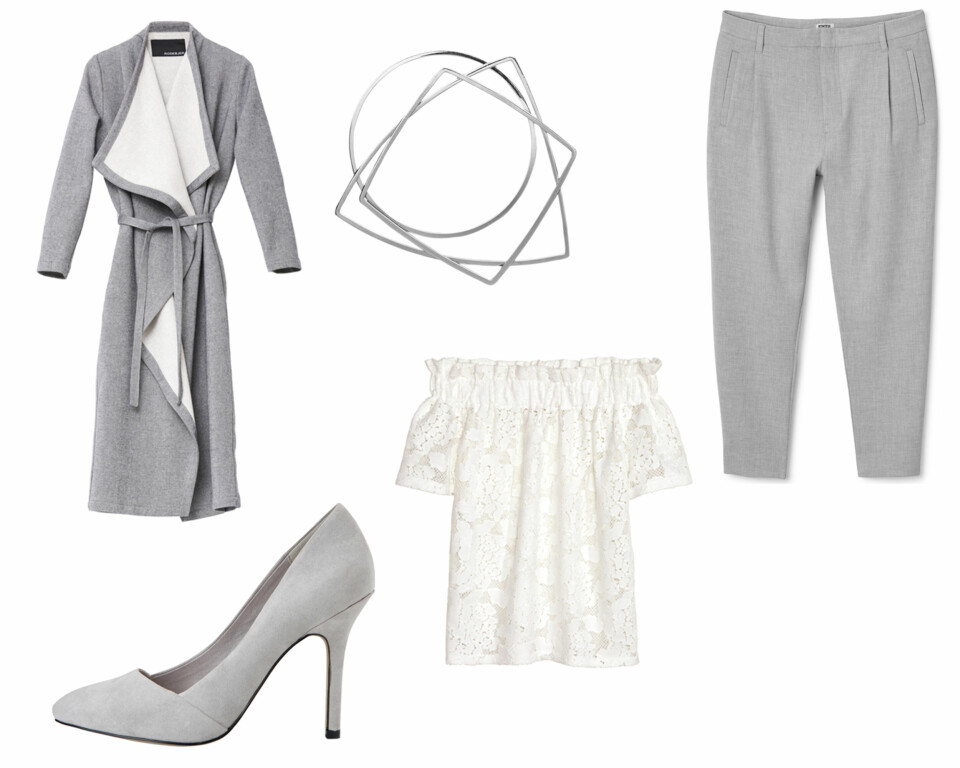 LYST OG GRÅTT: Kåpe fra Rodebjer, kr 3000. Armbånd fra By Malene Birger, kr 1000. Topp fra H&M, kr 299. Bukse fra Weekday, kr 650. Sko fra Bianco, kr 500. FOTO: Lars Evanger og produsenten