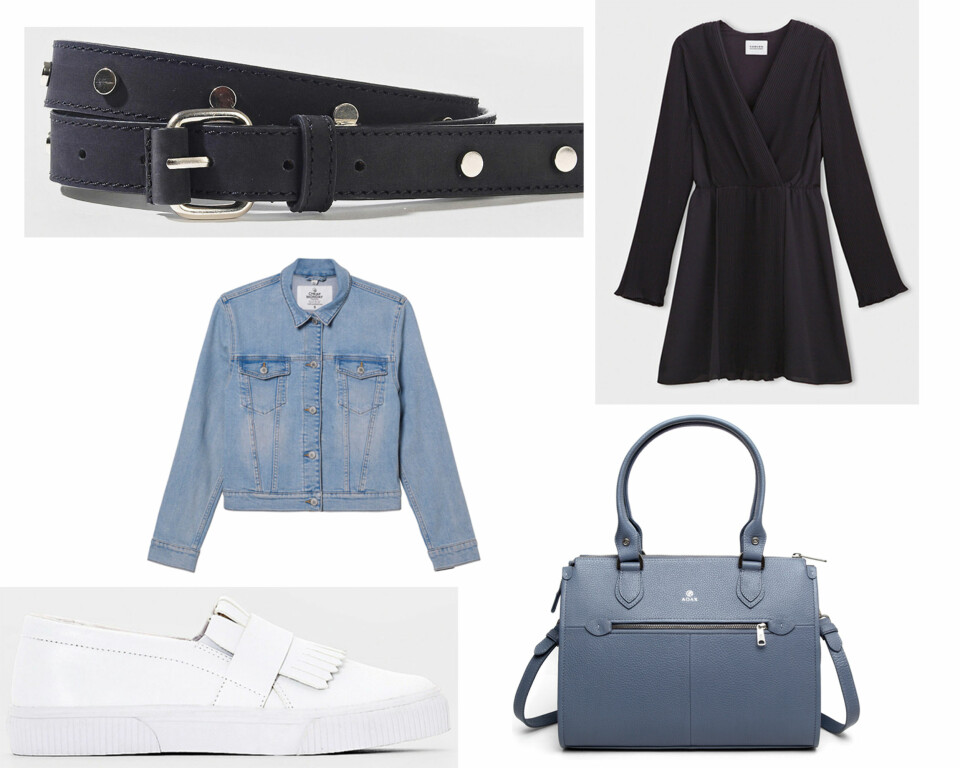 DENIM OG NAGLER: Naglebelte fra La Redoute x Carven, kr 599. Olajakke fra Cheap Monday, kr 600. Kjole fra La Redoute x Carven, kr 1099. Veske fra Adax, kr 3000. Sneakers fra La Redoute, kr 450. FOTO: Lars Evanger og produsenten
