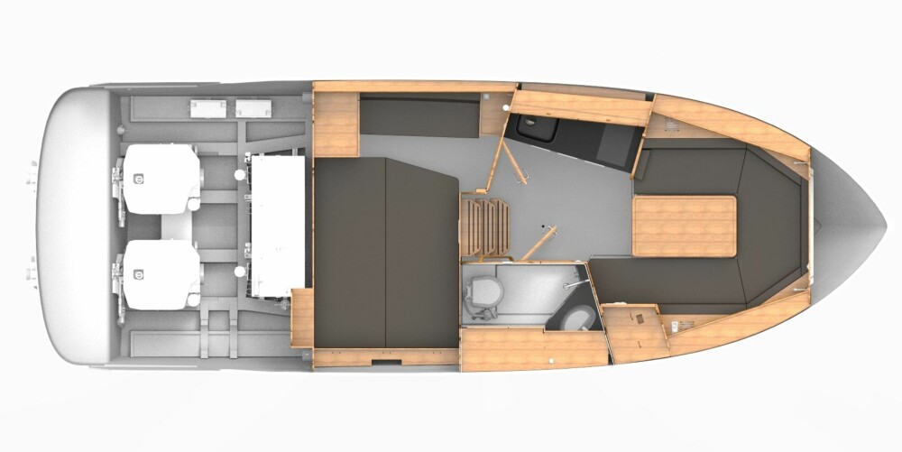 FIN LAYOUT: Stor bysseavdeling på venstre side, en sittegruppe forut som også fungerer som ekstra soveplass, og separat toalett/dusjrom på høyre side. Den separate kabinen akter, under cockpitdørken, er å regne som eierkabin. 