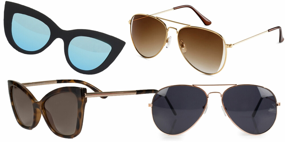FIRKANTET ANSIKT (f.v.): Quay Australia Kitti, kr 449. H&M Solbriller, kr 69,90 (2). LeSpecs Naked Eyes, kr 649. NLY Accessories Pilot Sunglasses, kr 99.