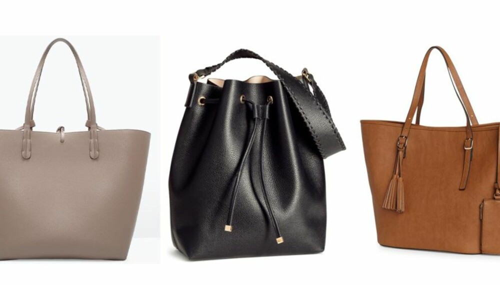 FINE, RIMELIGE VESKER: Beige håndveske fra Zara, kr 299, Bucket Bag fra H&M, 299 kroner. Fra venstre: Brun veske fra Lindex, 299 kroner