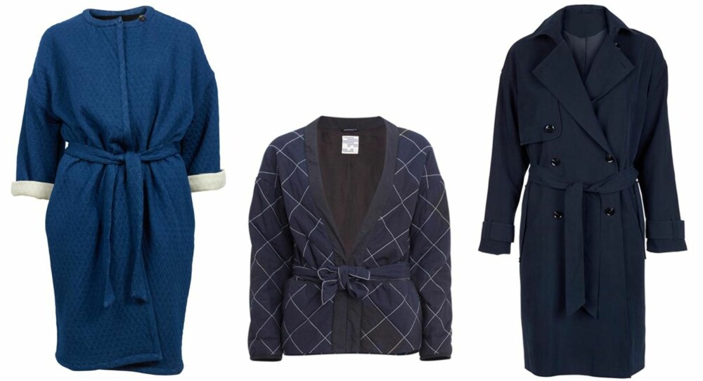 BELTE I LIVET: Blå kimono fra Designers Remix, 2 800 kr. Rutete kimono fra Baum und Pferdgarten, 1 799 kr. Blå trenchcoat fra Samsoe Samsoe, 1 999 kr.
