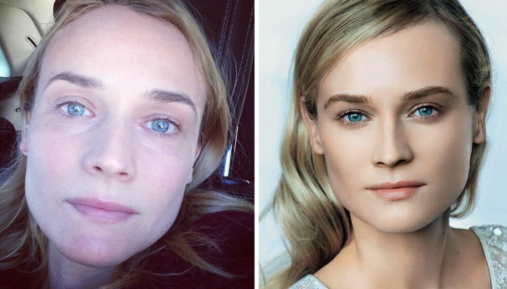 USMINKET: Det usminkede bildet til venstre av skuespillerinnen Diane Kruger går som en farsott på sosiale medier. USMINKET: Det usminkede bildet til venstre av skuespillerinnen Diane Kruger går som en farsott på sosiale medier.