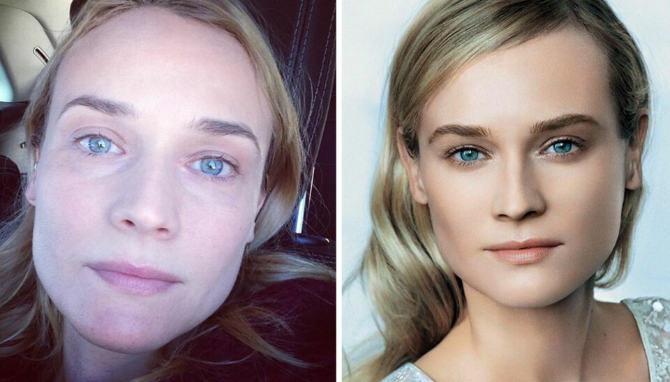 USMINKET: Det usminkede bildet til venstre av skuespillerinnen Diane Kruger går som en farsott på sosiale medier.