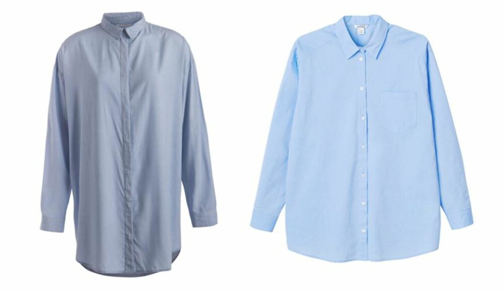 OVERSIZED: Denimfarget skjorte fra Pieces, 350 kr. Lys blå fra Monki, 250 kr.
