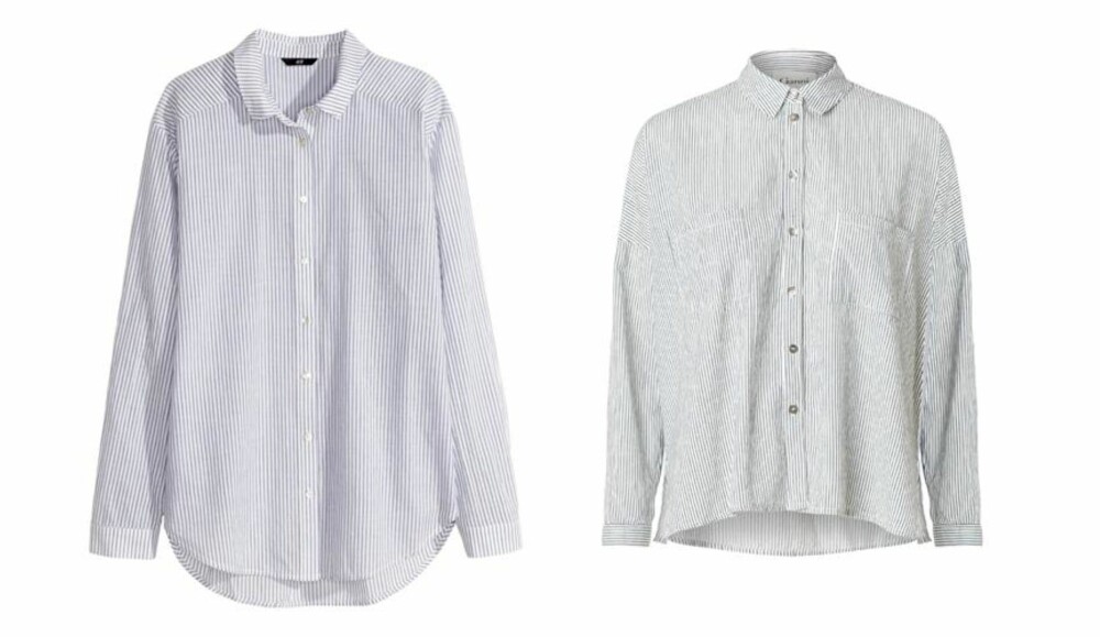 STRIPER: Blå-stripete skjorte fra H&M, 199 kr. Stripete skjorte fra Ganni, 849 kr.