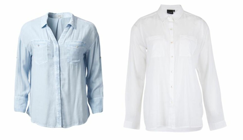 KLASSISK: Hvit skjorte fra B-young, 249 kr. Lys blå fra MQ, 499 kr.