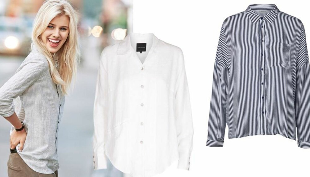 SKJORTEFIN:Hvit linskjorte fra Bitte Kai Rand, 1 280 kr. Blå-stripete skjorte fra Noisy May, 300 kr.
