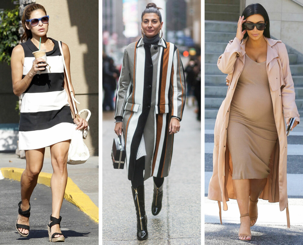 STRIPER OG FARGER: Eva Mendez sin stripete kjole til venstre kan få henne til å se noe lavere ut enn det hun er. Derfor bør du heller gå for vertikale striper som Giovanna Battaglia i midten har gått for, eller ton-i-ton som Kim Kardashian West. STRIPER OG FARGER: Eva Mendez sin stripete kjole til venstre kan få henne til å se noe lavere ut enn det hun er. Derfor bør du heller gå for vertikale striper som Giovanna Battaglia i midten har gått for, eller ton-i-ton som Kim Kardashian West.