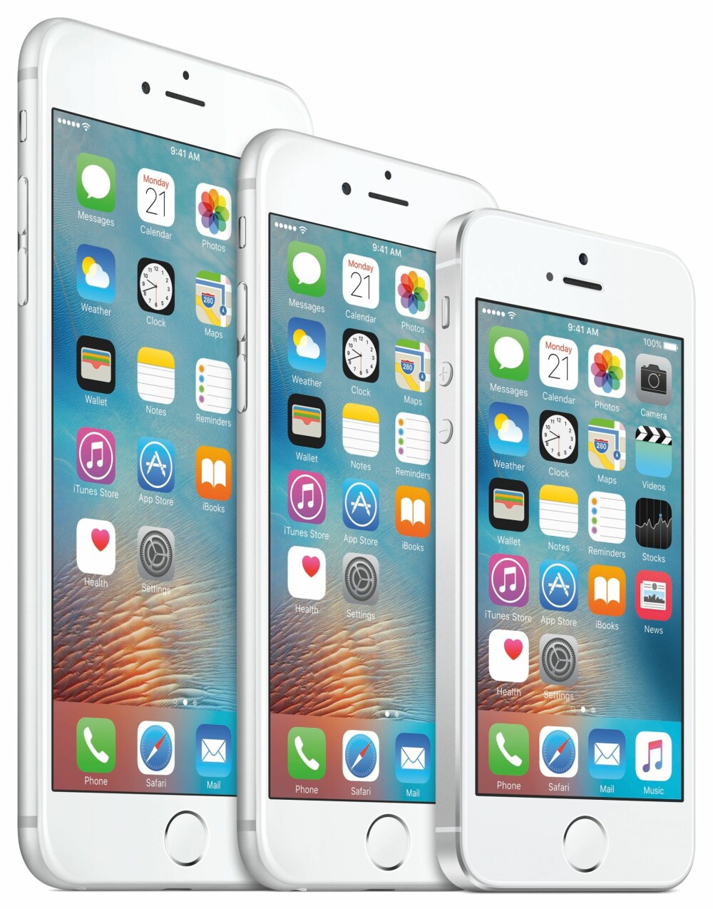 FAMILIEBILDE: iPhone SE ved siden av iPhone 6s og iPhone 6s Plus (til venstre).