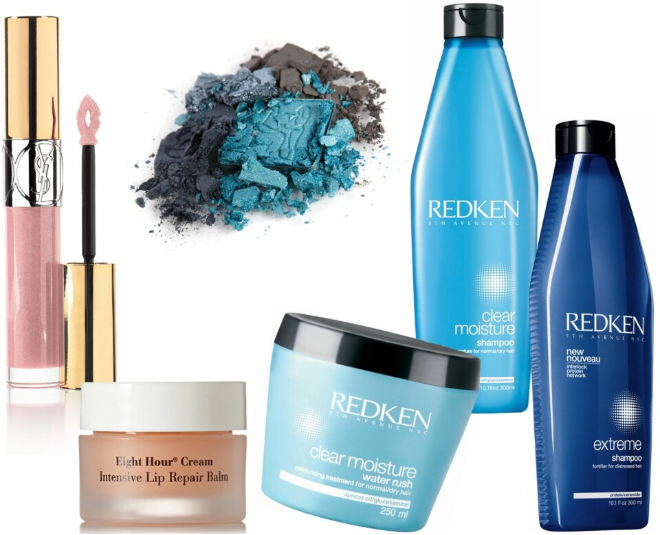 FRA VENSTRE: YSL Gloss Volupté i farge nr. 101, kr 275. Elizabeth Arden Eight Hour Intensive Lip Repair Balm, kr 200. Øyeskygger fra Nilens Jord, kr 179 per stk. Redken Clear Moisture Water Rush, kr 414. Redken Clear Moisture Shampoo tørsteslukker håret, kr 279. Redken Extreme Shampoo gir styrke til skadet og svekket hår, kr 279.