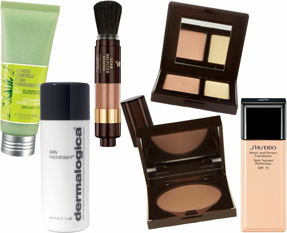 FRA VENSTRE: L'Occitane Angelica Exfoliating Gel, kr 229. Dermalogica Daily Microfoliant enzympeeling, kr 590. Lancôme Star Bronzer Magic Brush powder, kr 335. Laura Mercier Matte Radiance Baked Powder, kr 250. Laura Mercier Secret Camouflage concealerskrin, kr 260. Shiseido Sheer and Perfect Foundation, kr 420.