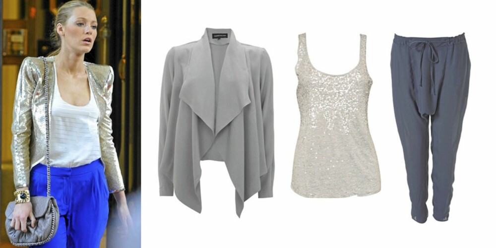 FRA VENSTRE: Lively i en knallblå bukse, hvit singlet og glinsende, kort jakke. Grå jakke fra Warehouse (kr 622), grå singlet med paljetter fra One Teaspoon (kr 699), blå haremsbukse fra Topshop (kr 268). FRA VENSTRE: Lively i en knallblå bukse, hvit singlet og glinsende, kort jakke. Grå jakke fra Warehouse (kr 622), grå singlet med paljetter fra One Teaspoon (kr 699), blå haremsbukse fra Topshop (kr 268).