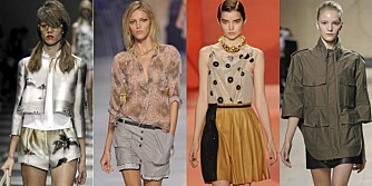 FRA VENSTRE: Fotoprint fra Prada, shorts fra Etro, skinnskjør fra 3.1 Phillip Lim og uniformsjakke fra Céline.