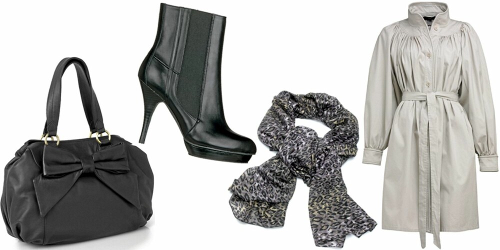 FRA VENSTRE: Veske fra Accessorize (kr 693), ankelboots fra Din Sko (kr 699), skjerf fra Mango (kr 189), trenchcoat fra H&M (kr 499). FRA VENSTRE: Veske fra Accessorize (kr 693), ankelboots fra Din Sko (kr 699), skjerf fra Mango (kr 189), trenchcoat fra H&M (kr 499).