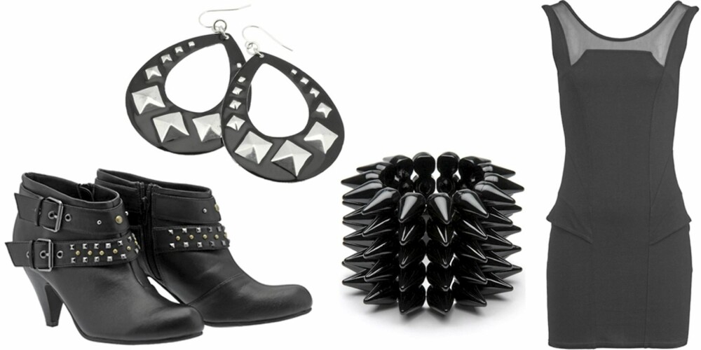 FRA VENSTRE: Ankelboots fra DNA (kr 499), øredobber fra Gina Tricot (kr 159), armbånd fra Mango (kr 449), kjole fra Bik Bok (kr 299). FRA VENSTRE: Ankelboots fra DNA (kr 499), øredobber fra Gina Tricot (kr 159), armbånd fra Mango (kr 449), kjole fra Bik Bok (kr 299).