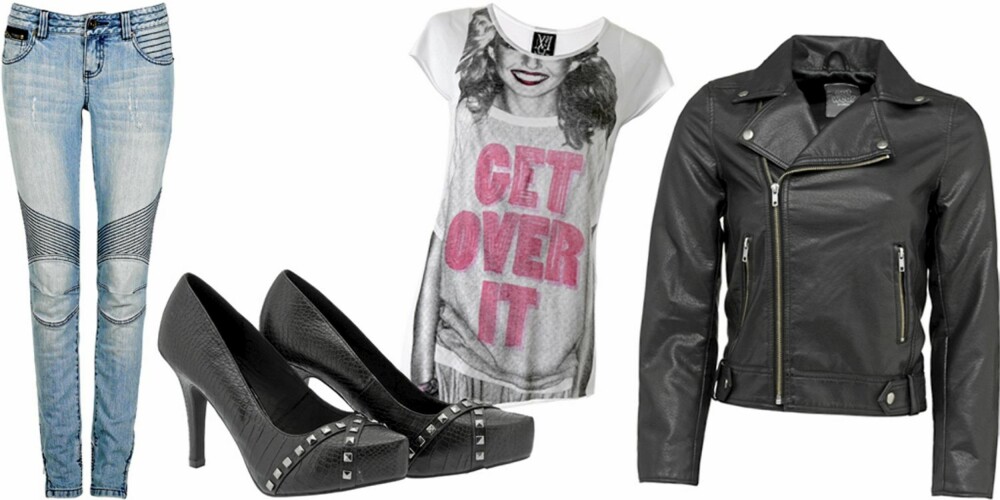 FRA VENSTRE: Jeans fra Cubus (kr 499), pumps fra Din Sko (kr 399), T-skjorte fra Mango (kr 169), skinjakke fra Lindex (kr 699). FRA VENSTRE: Jeans fra Cubus (kr 499), pumps fra Din Sko (kr 399), T-skjorte fra Mango (kr 169), skinjakke fra Lindex (kr 699).